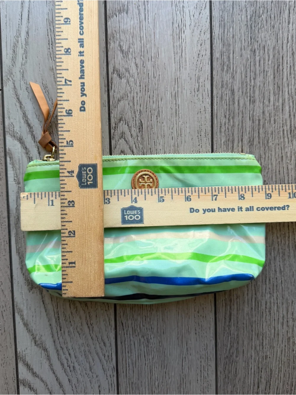Tory Burch Neon Green and Blue Striped Zip Pouch